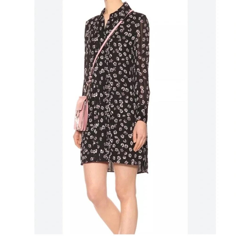 Tory Burch 100% Silk Pleated Floral Avery Shirt Dress Black Daisies Size 12